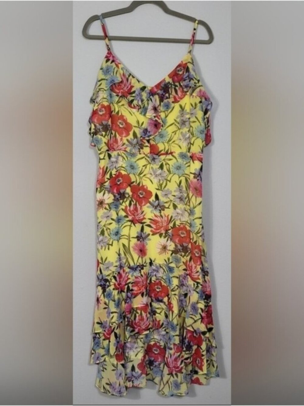 INC Floral Ruffle Tiered Maxi Dress Size 16 XL Yellow Adjustable Strap Feminine